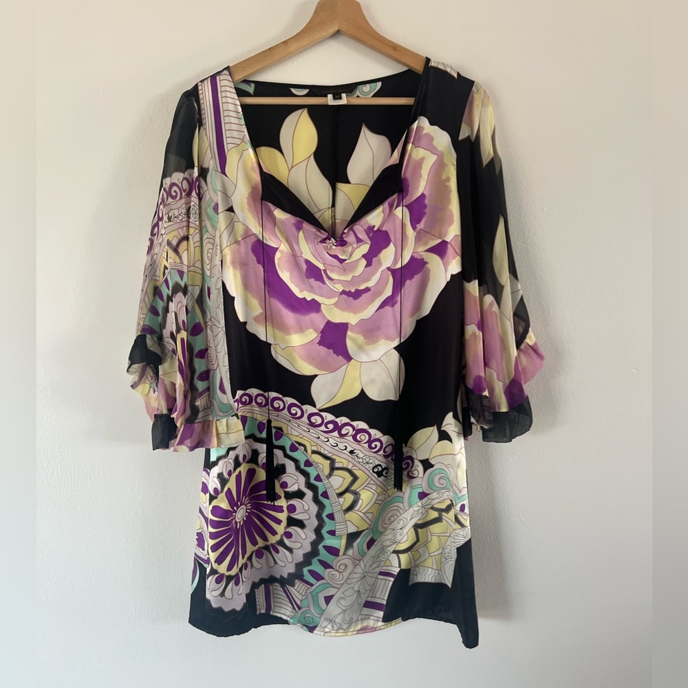 Single Dress 100% Silk Black Sheer Wide Sleeve Dress Size‎ Medium